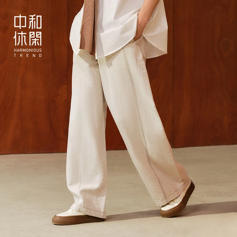 中和休闲弯刀休闲裤女2025夏季新款宽松显瘦高腰阔腿裤棉麻裤子