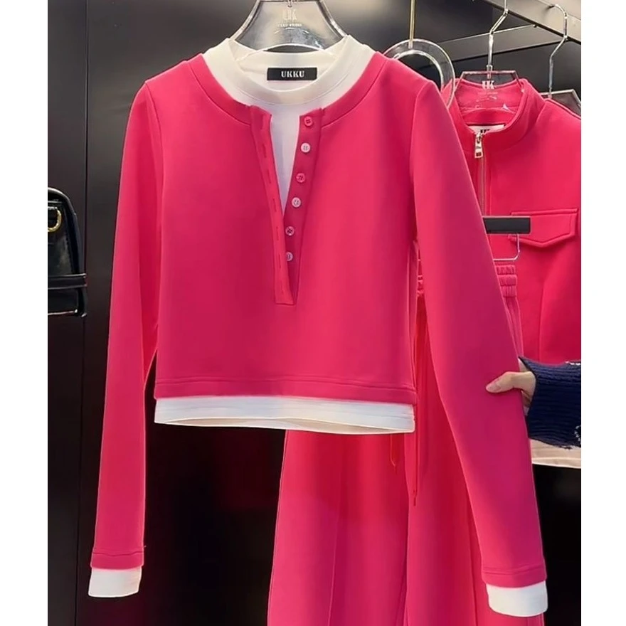 时尚设计感拼接假两件玫红色上衣女春季新款显瘦圆领百搭T恤女