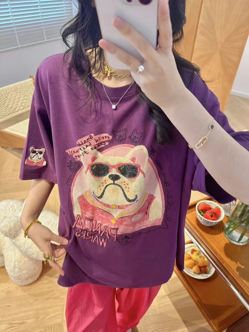 夏季pandawarks熊猫纸袋家25264无感印花法斗T恤女韩