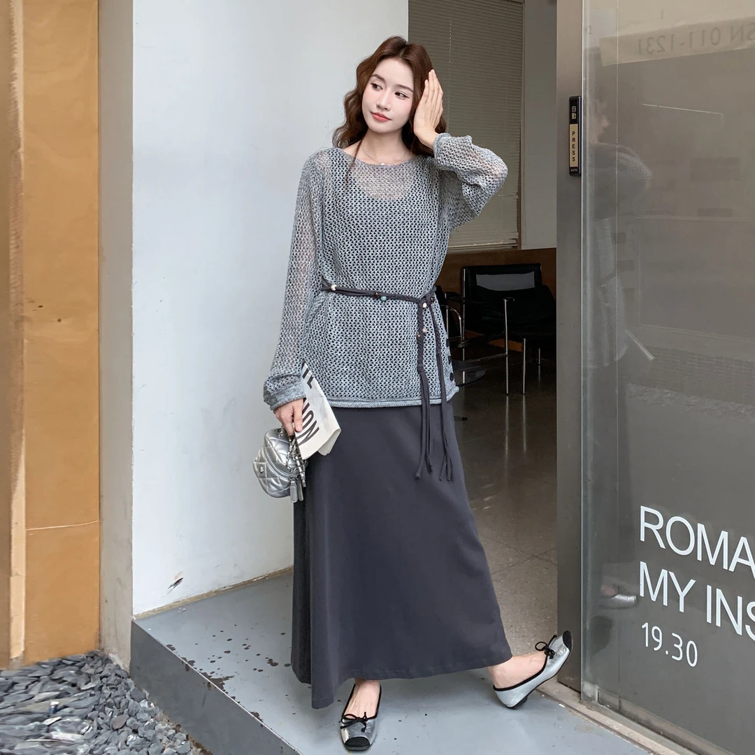 韩系慵懒风巨好看连衣裙套装2025早秋新款灰色针织衫背心裙两件套