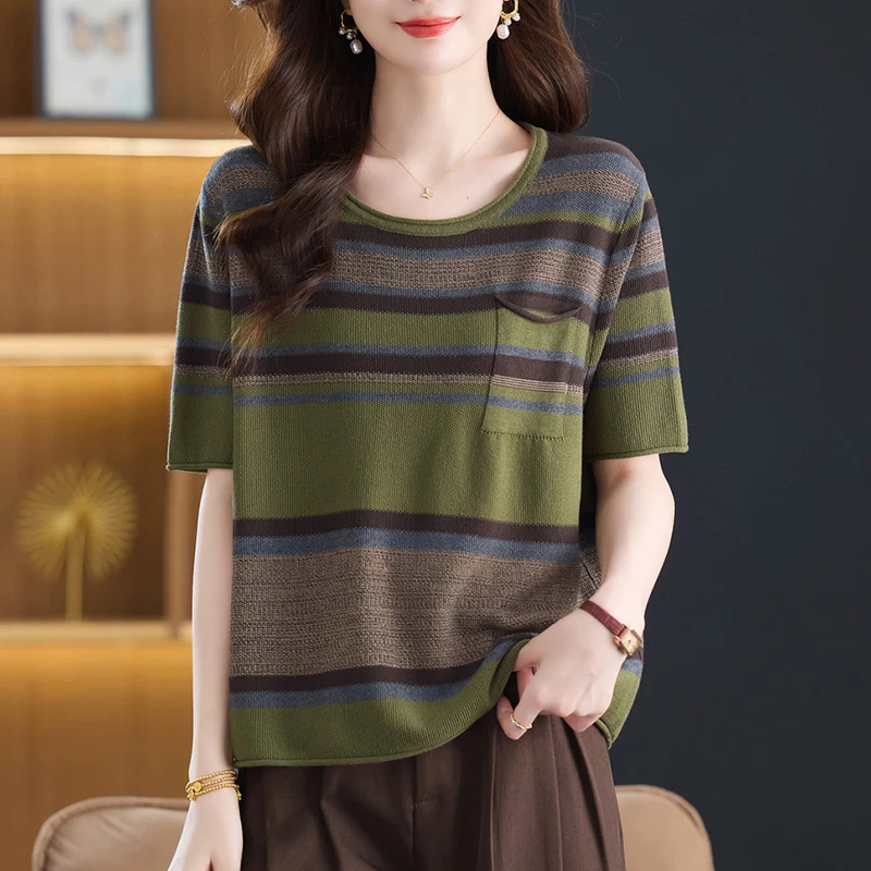 条纹中袖T恤半袖小衫女2025早秋新款时尚洋气妈妈圆领针织衫上衣