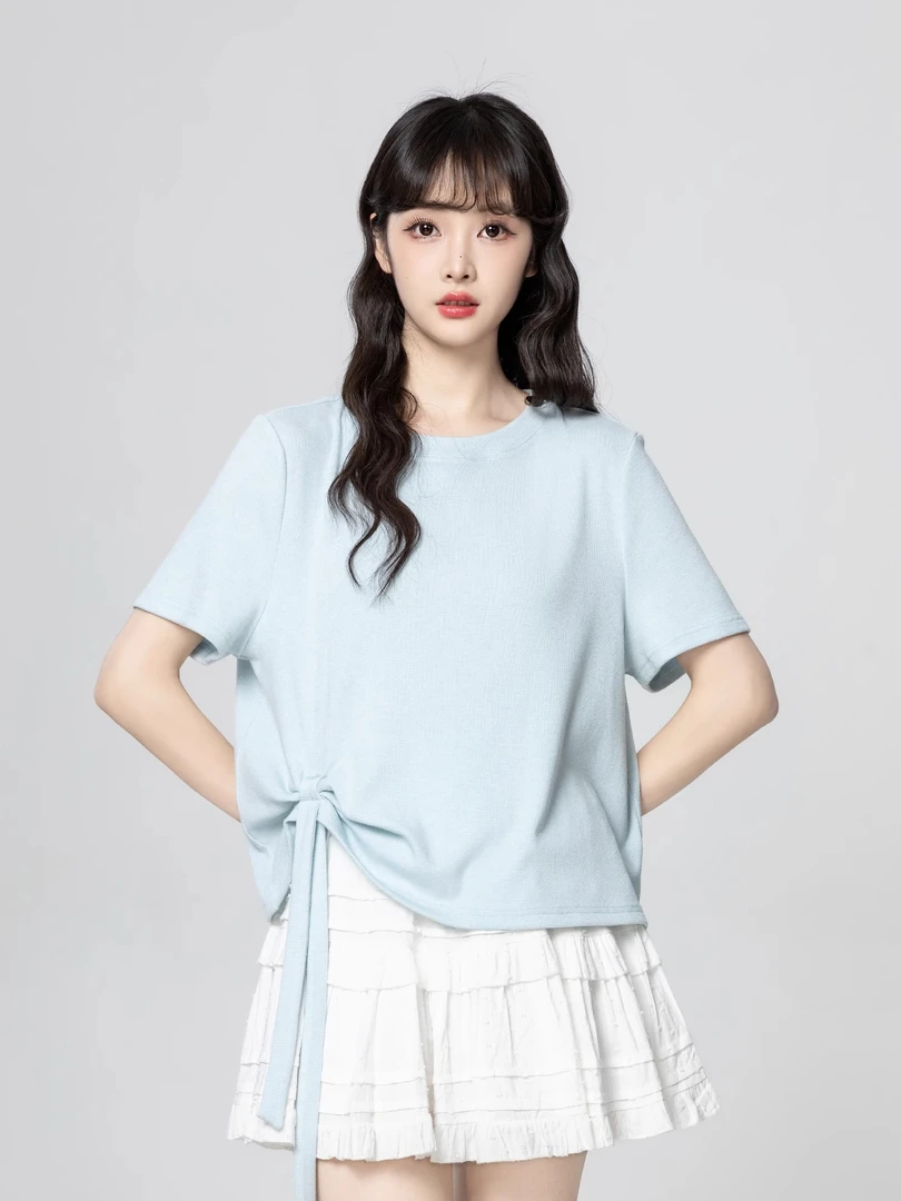 法式蓝色不规则褶皱系带短袖t恤女夏季温柔风宽松正肩设计感上衣