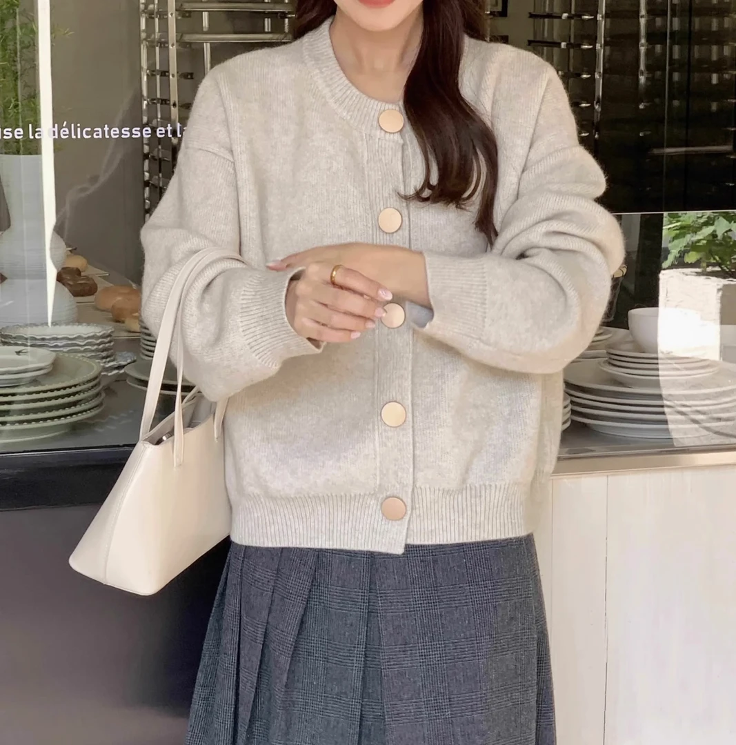 温柔风毛衣开衫女2024秋冬新款韩版宽松纯色针织外套百搭上衣