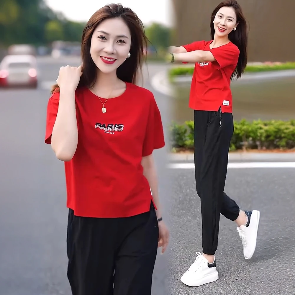 休闲运动套装女2025夏季新款洋气显瘦印花短袖T恤速干裤两件套潮