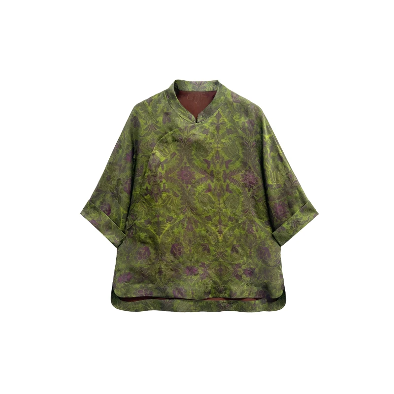 【橙庐】948004原创新中式郁金香君子兰新型香云纱中袖上衣 桑蚕丝