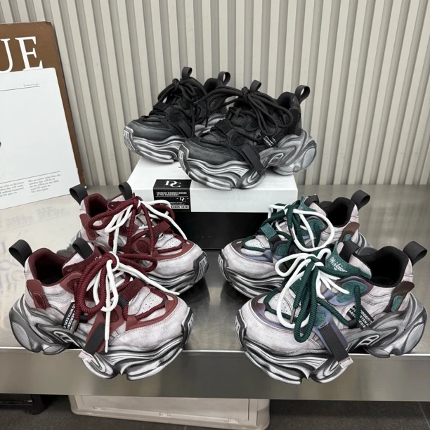 鞋673-015新款厚底松糕水洗做旧擦色矮帮老爹鞋底厚6公分时尚潮鞋