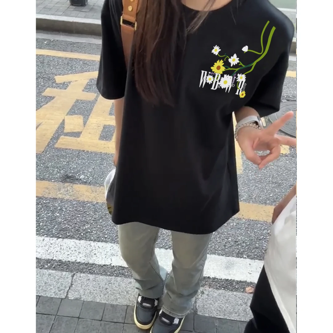 labzaa美式高级感花卉字母印花纯棉短袖T恤女ins春款打底内搭上衣