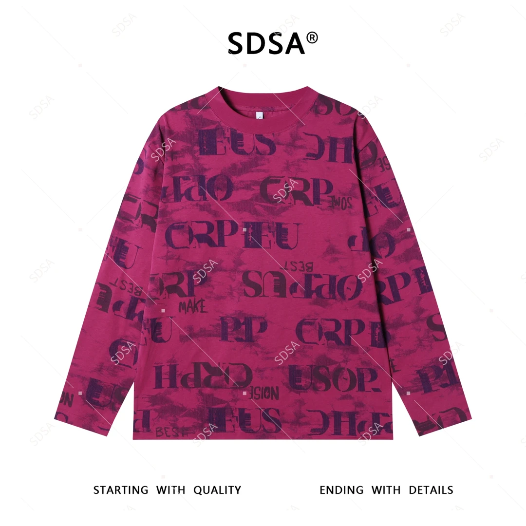 SDSA男士2025新款轻奢痞帅男装美式扎染满印字母圆领长袖T恤百搭