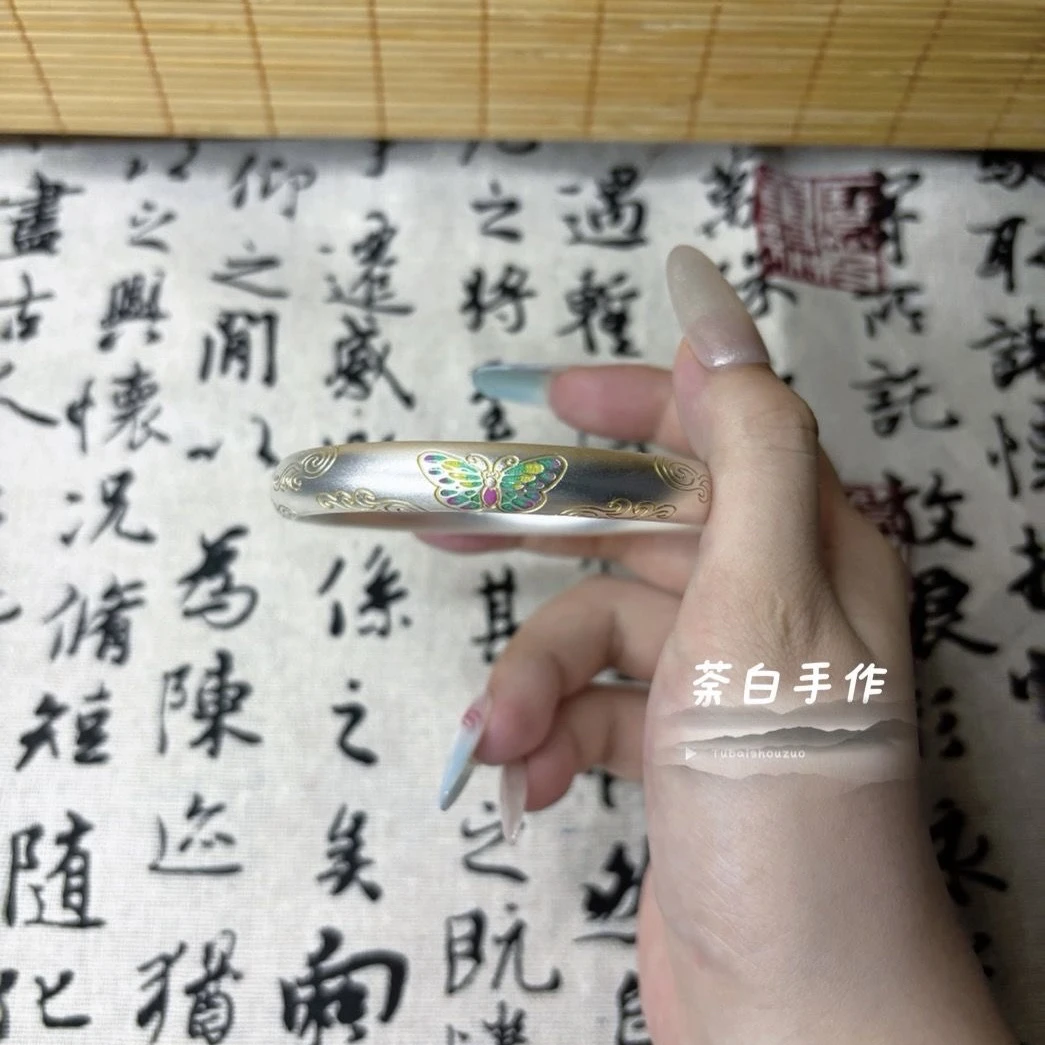 足银珐琅手镯 [梦蝶云34g]新中式足银999.9珐琅蝴蝶半空心国风