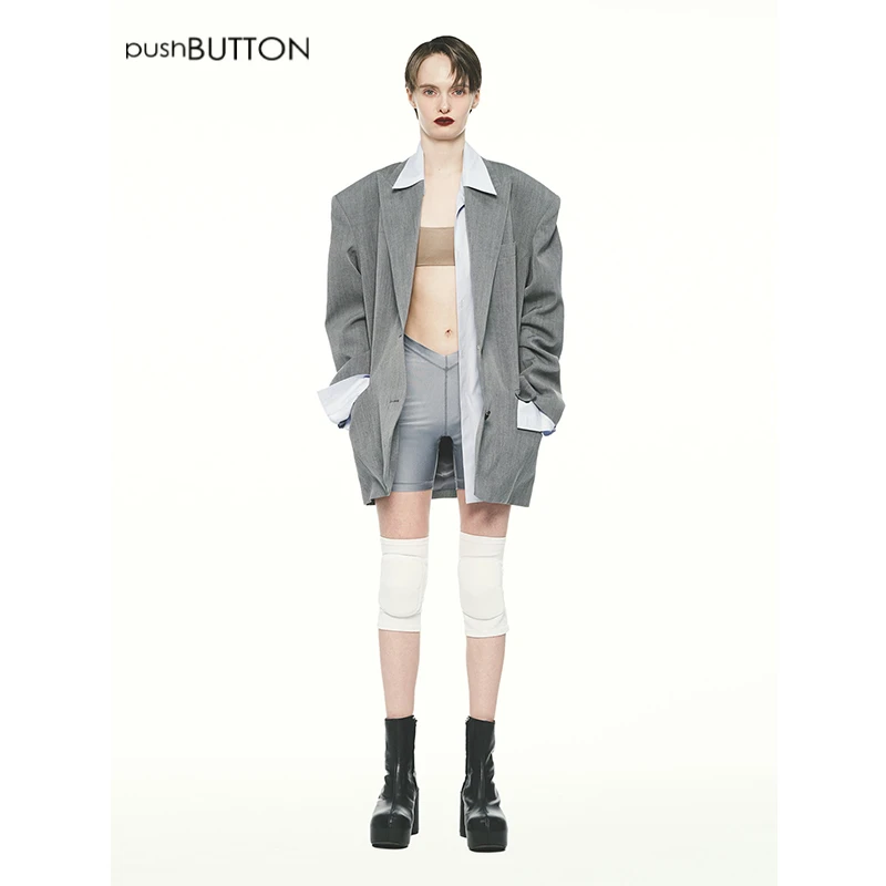 【7折】REP-PUSHBUTTON设计师品牌灰色假两件宽松西装（特价NO退）