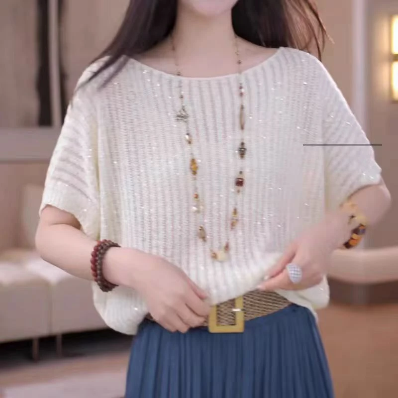 设计感蝙蝠袖亮闪闪针织衫短袖女2025夏季新款慵懒风宽松减龄上衣