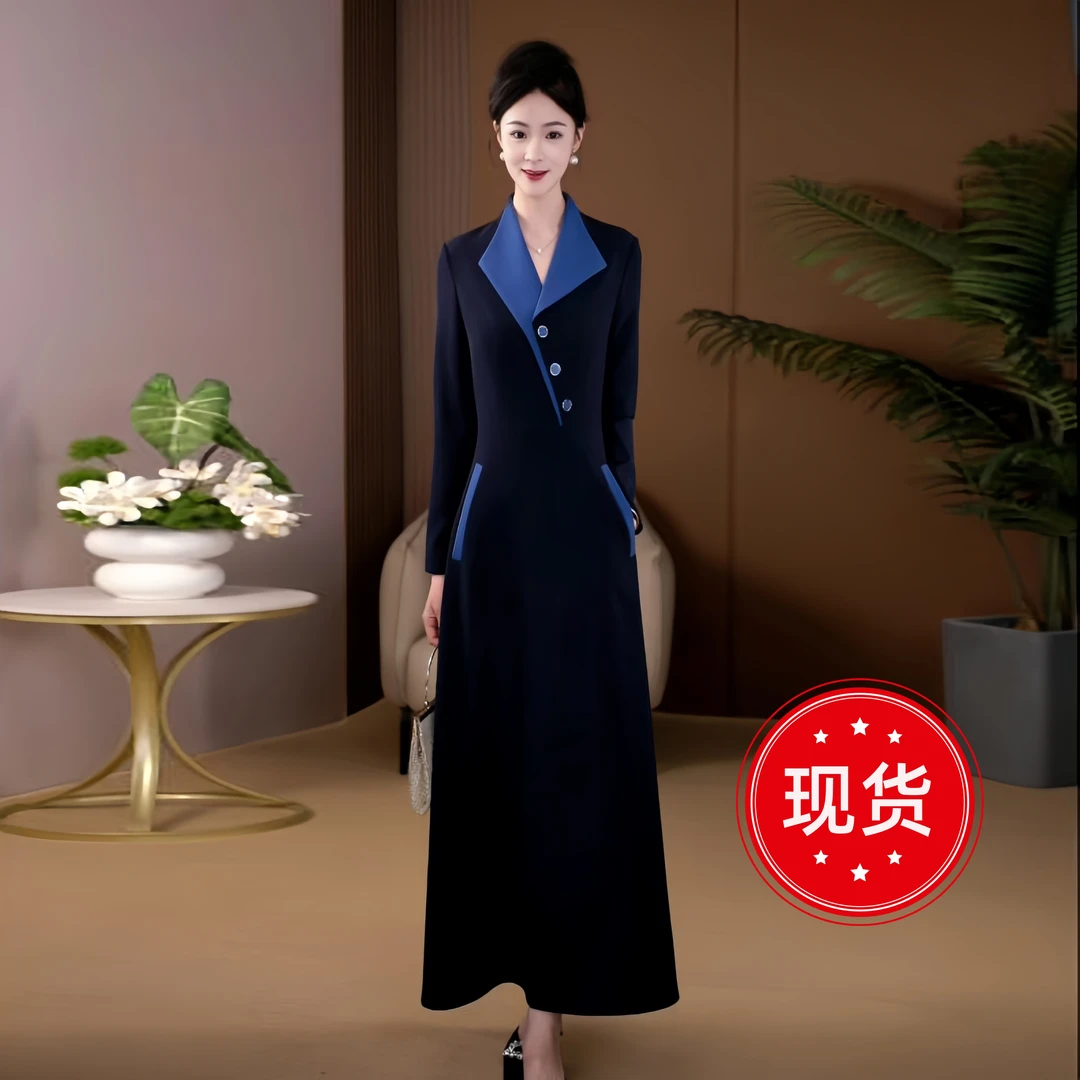 端庄大气连衣裙2025春季新款收腰显瘦设计感轻奢气质过膝长裙1047