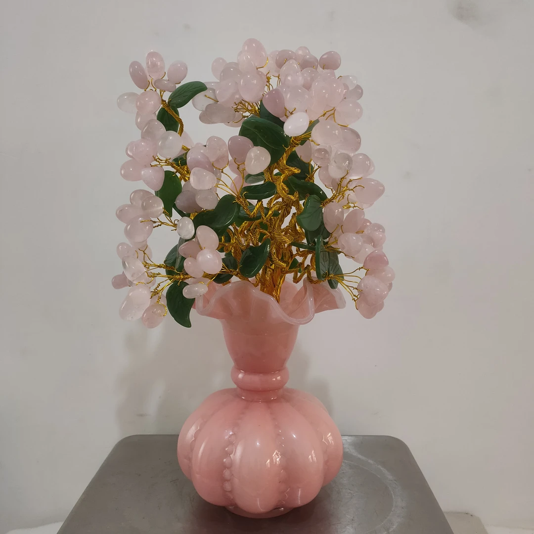 中古芬顿手捧花纯天然粉水晶招财树发财树摆件