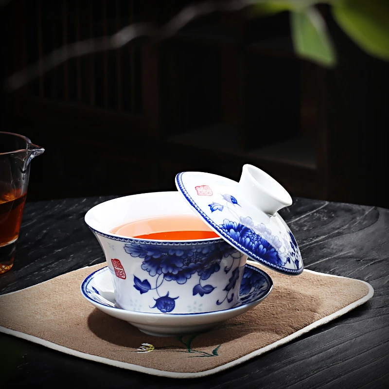 青花320ml八宝茶悬停泡茶大号茶碗茶杯大容量三炮台三才盖碗茶