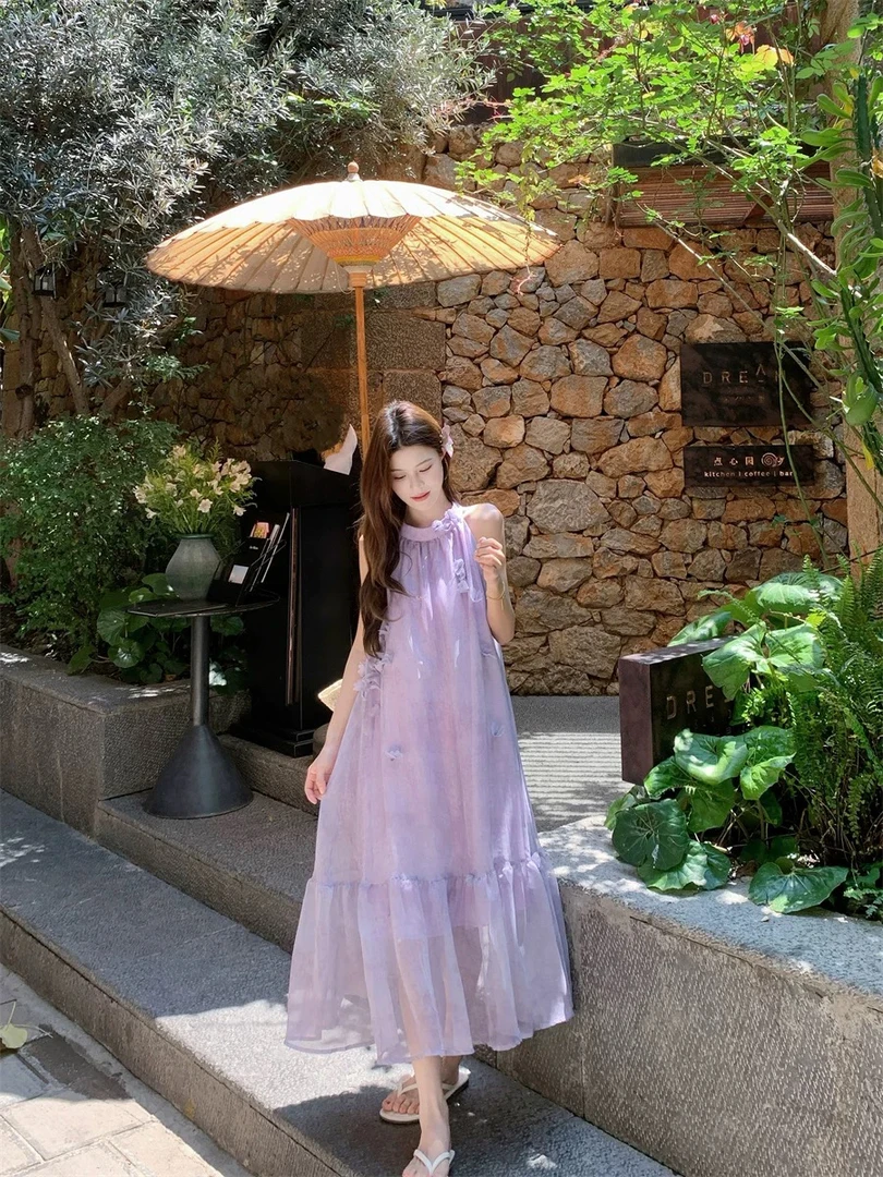 【浪漫不止】紫色手工花朵挂脖连衣裙女夏季法式温柔度假风长裙014