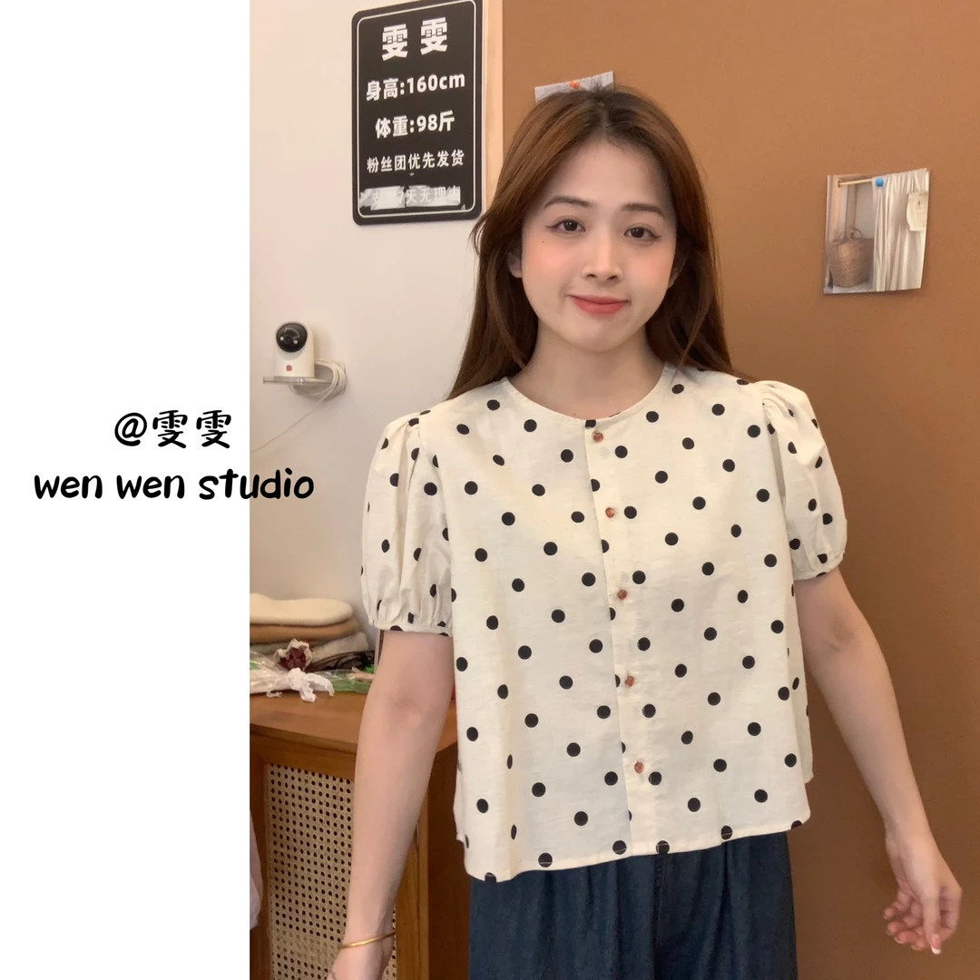 【雯雯】韩系夏款百搭棉麻波点气质小衫