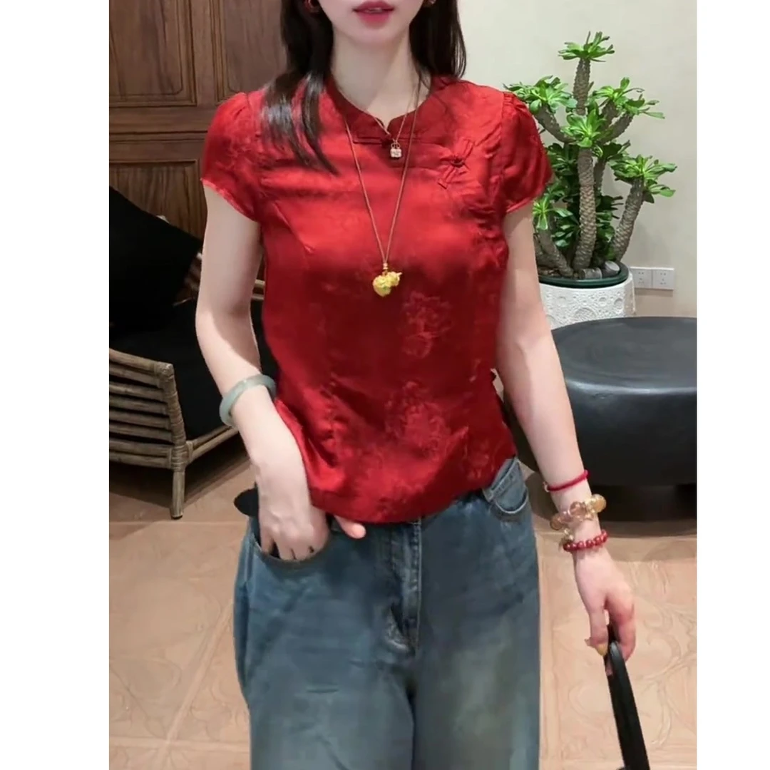 新中式气质红色短袖衬衫女装2025夏季新款百搭显瘦贵气感国风上衣