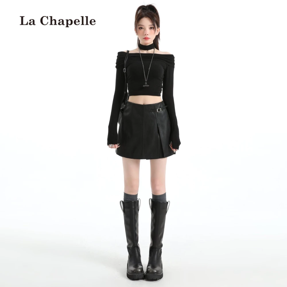 拉夏贝尔a字短裙女秋冬新款小个子高腰pu包臀皮裙咖色显瘦半身裙