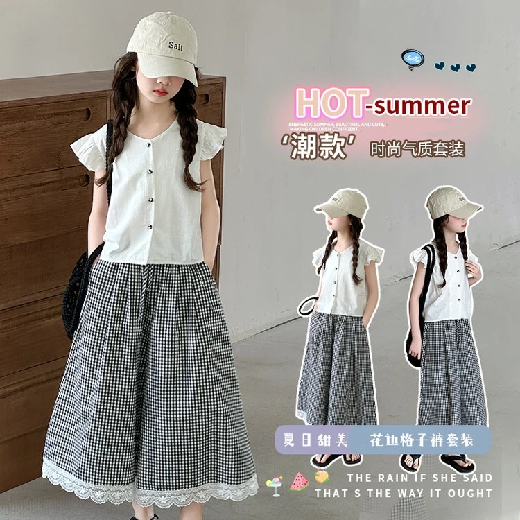 女童娃娃衫夏季套装时尚女大童休闲飞袖衬衫阔腿裤儿童夏装两件套