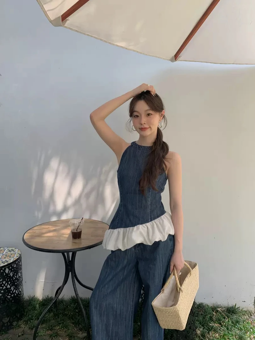 法式牛仔不对称挂脖无袖背心显瘦气质复古短款上衣通勤百搭洋气