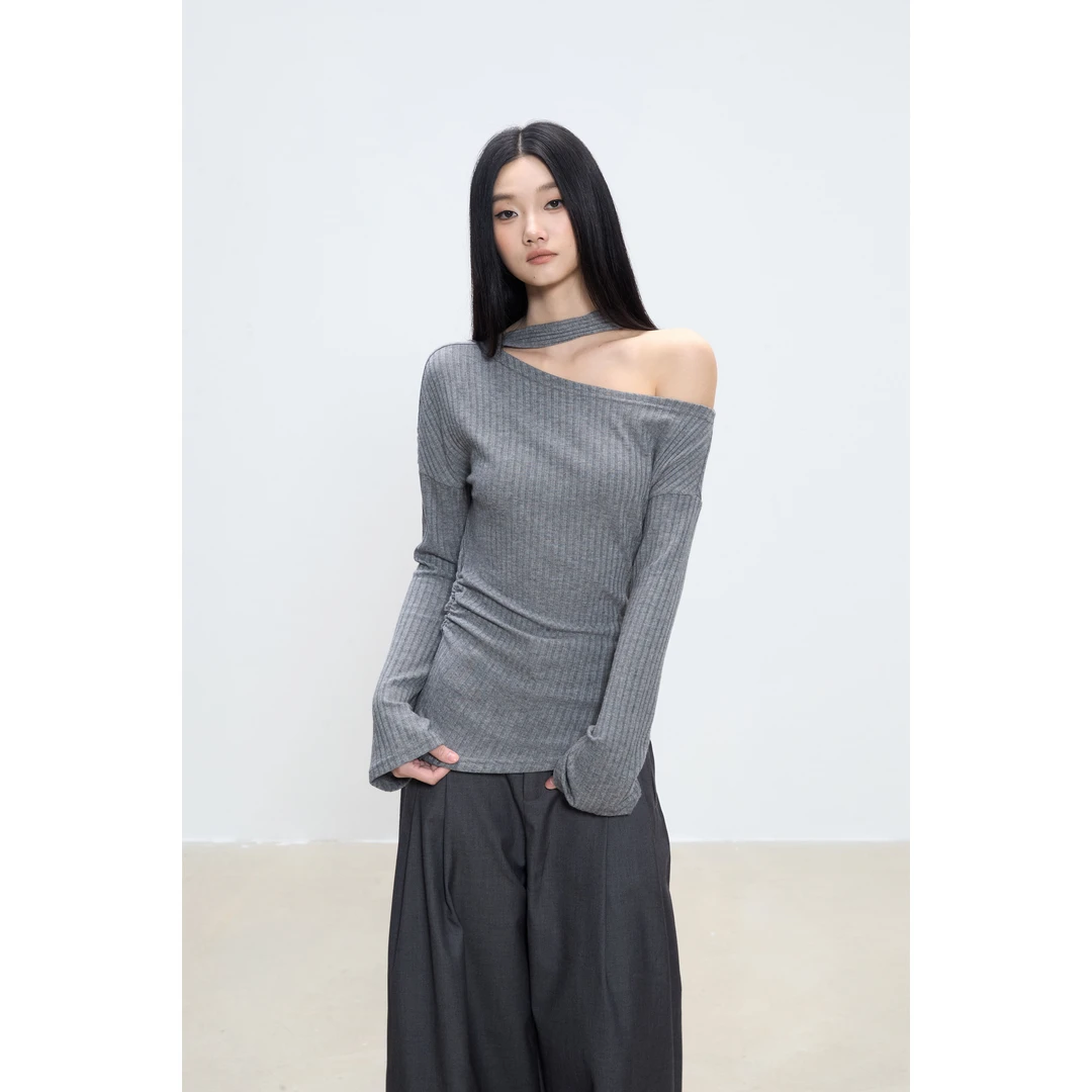 withmin凉皮 桔梗贝拉 长袖修身显瘦露肩斜肩上衣女针织衫6131