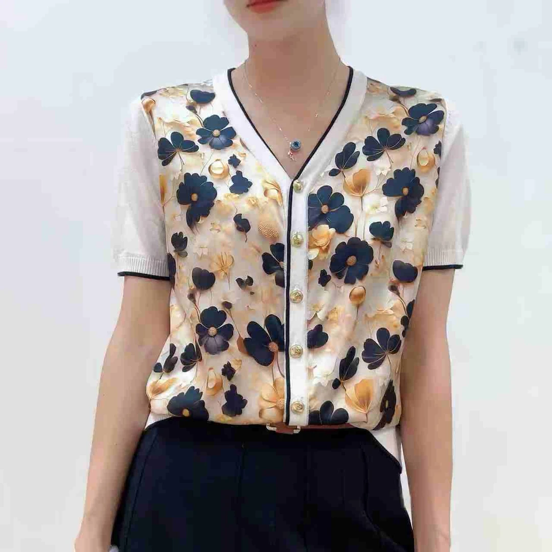 【清仓福利】SS 25012【金叶幸运】桑蚕丝拼接短袖开衫