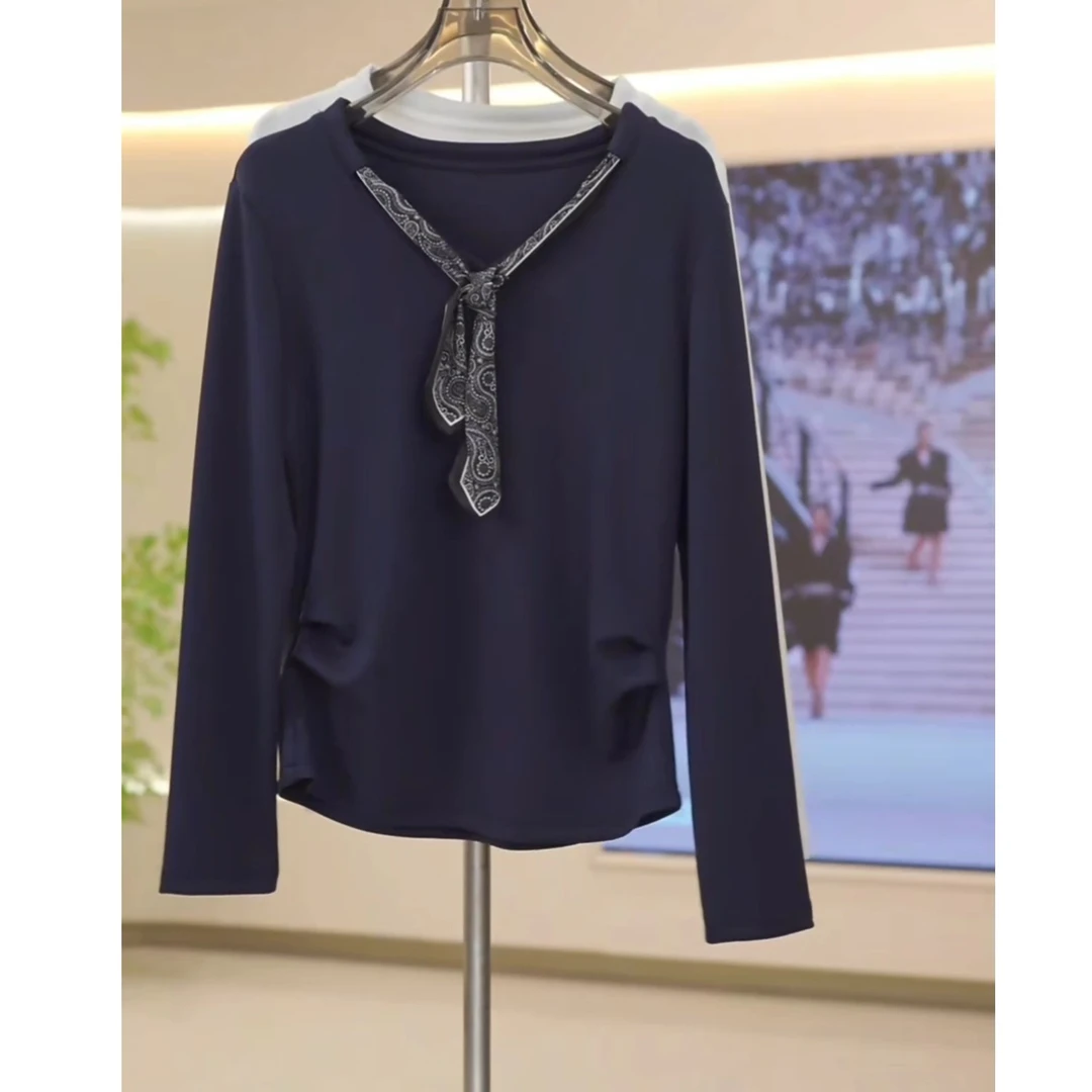 时尚气质丝巾拼接V领长袖T恤女早秋季新款百搭捏褶显瘦打底衫上衣