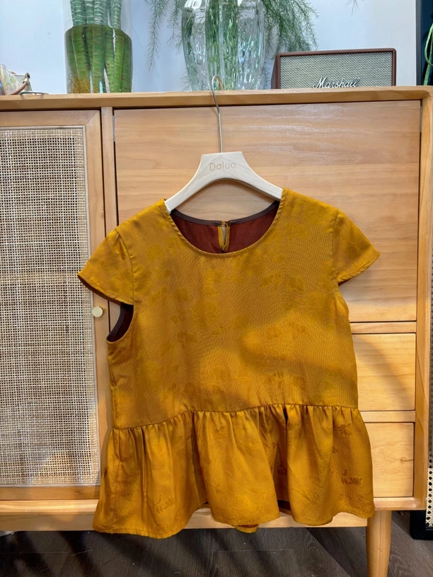 满分桑蚕丝香云纱荷叶边娃娃衫新中式上衣衬衣