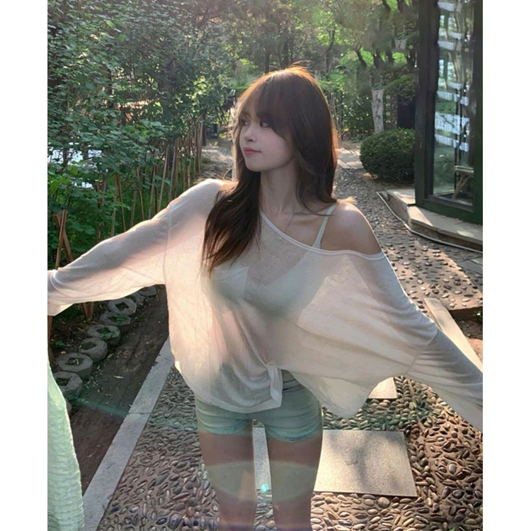 白色薄款微透长袖t恤女夏季慵懒松弛感宽松显瘦防晒空调罩衫上衣