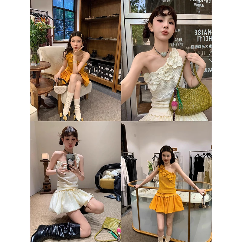 少女风镂空针织两件套立体钩花织物单肩背心上衣女夏花苞裤裙套装