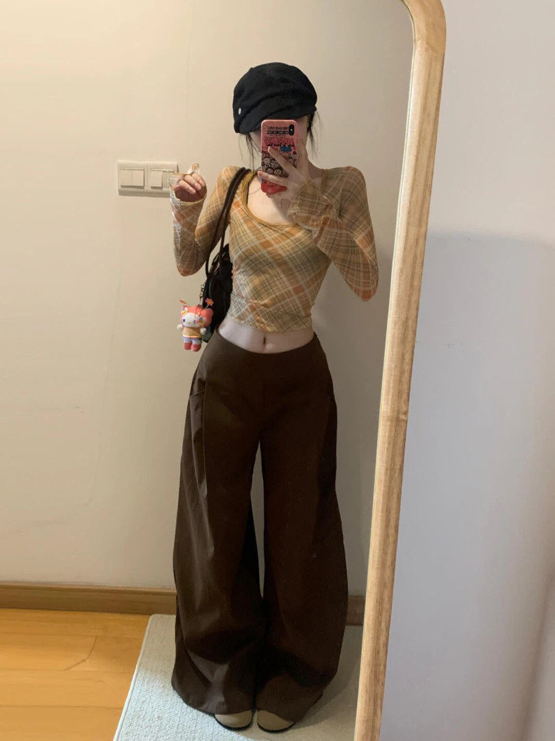 纯欲辣妹性感格纹U领长袖微透t恤早秋季高级感修身显瘦打底衫上衣