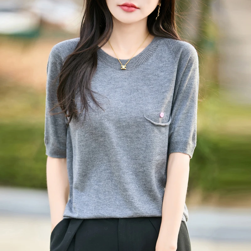 春夏圆领精纺丝光羊毛衫女短袖时尚带兜纯色半袖T恤针织宽松打底