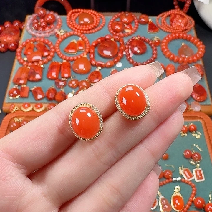 南红玛瑙银S925镶嵌顶货耳饰