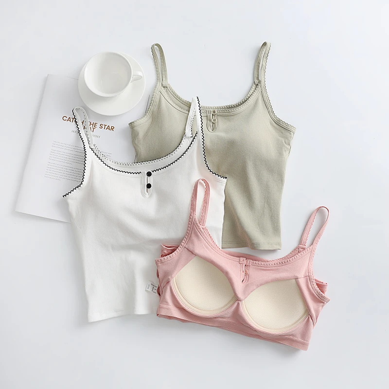 带胸垫吊带背心女2025新款免文胸甜美花边纽扣美背内搭夏薄款上衣