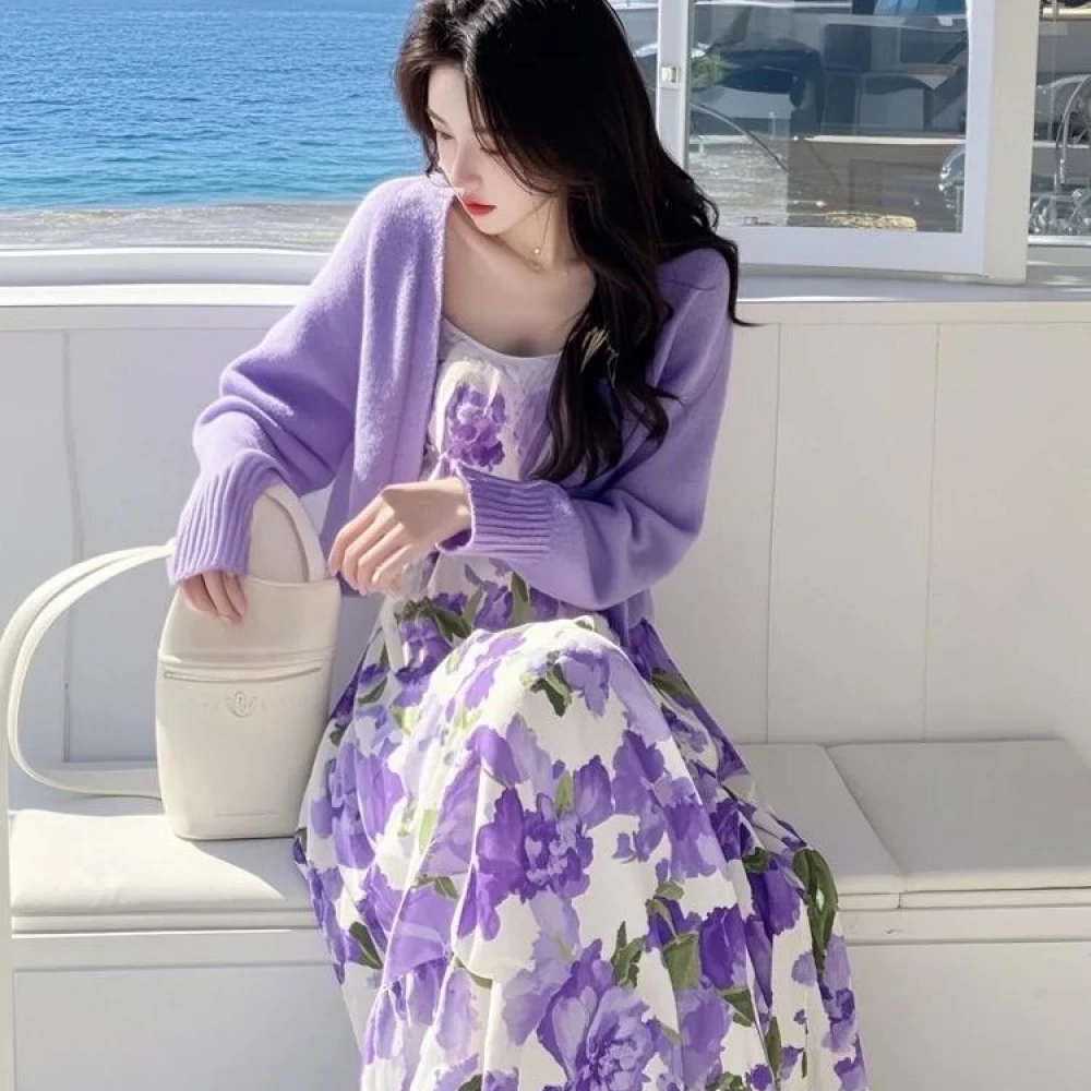 2025春季新款韩系穿搭高级感紫色针织开衫碎花连衣裙显瘦两件套女