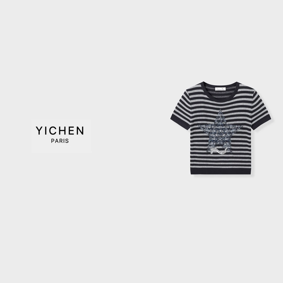 YC 黑灰色横条纹梦幻幸运星系列圆领针织短袖-6240
