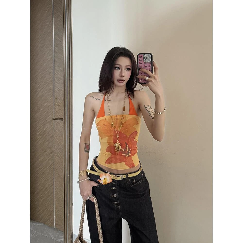 美式辣妹印花吊带背心女士夏季性感修身显瘦短款外穿无袖抹胸上衣