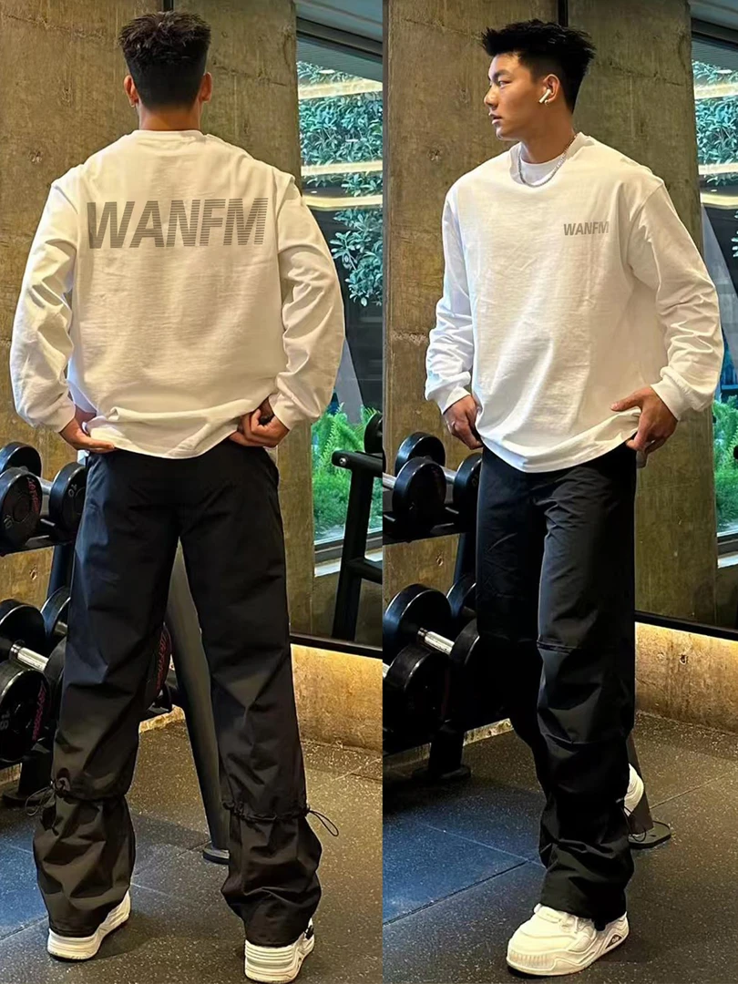 特大码300斤美式字母印花长袖T恤男装穿搭复古痞帅打底衫重磅上衣