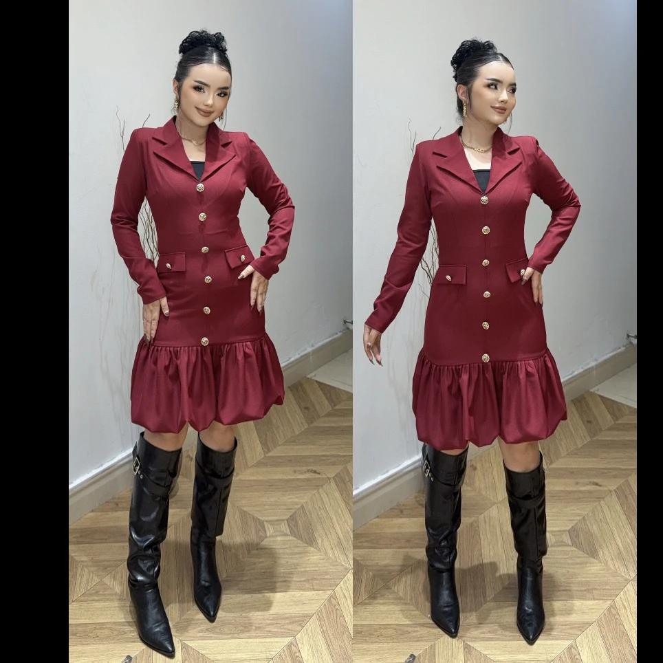 Rayhon新款拼接珍珠扣新款时尚高级感收腰连衣裙