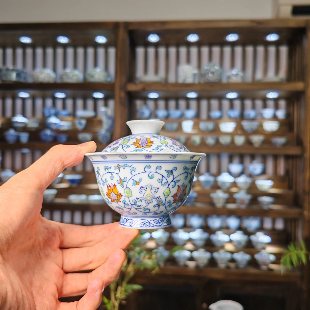 明逸堂白瓷手绘陶瓷|青花斗彩缠枝莲盖碗茶杯茶盖碗茶具手工