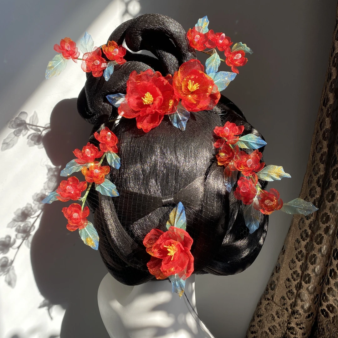 真丝烫花婚嫁款纯红烫花古风发饰国风中式婚礼发簪烫花婚礼款