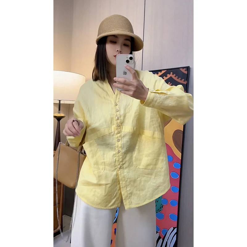 休闲风宽松亚麻衬衫女2025春季新款慵懒宽松简约上衣百搭女装衬衣