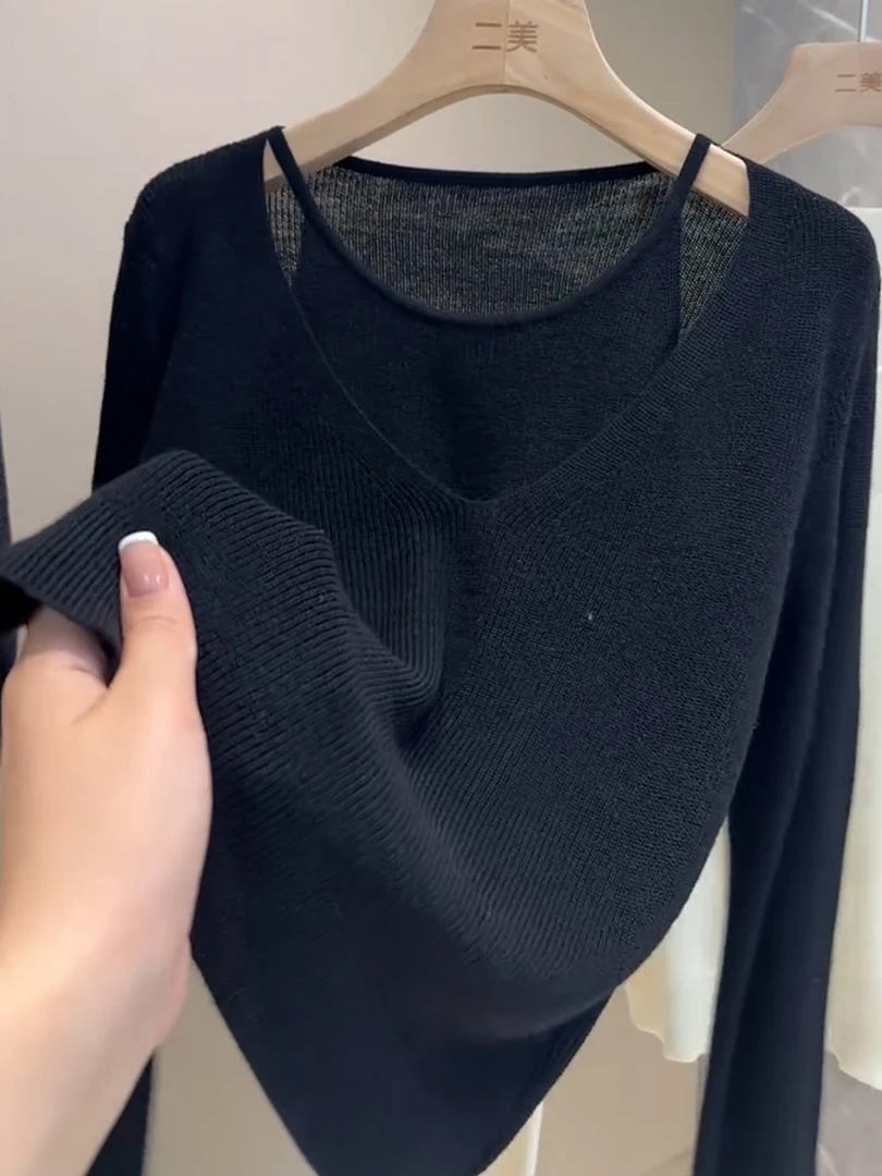 纯色简约黑色假两件针织衫女2025年秋季新款洋气显瘦宽松长袖上衣