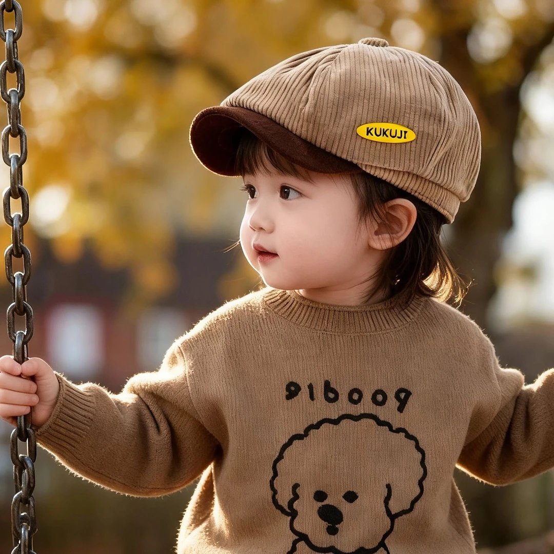 韩版儿童帽子秋冬季保暖加厚灯芯绒鸭舌前进帽男女宝宝防风贝雷帽