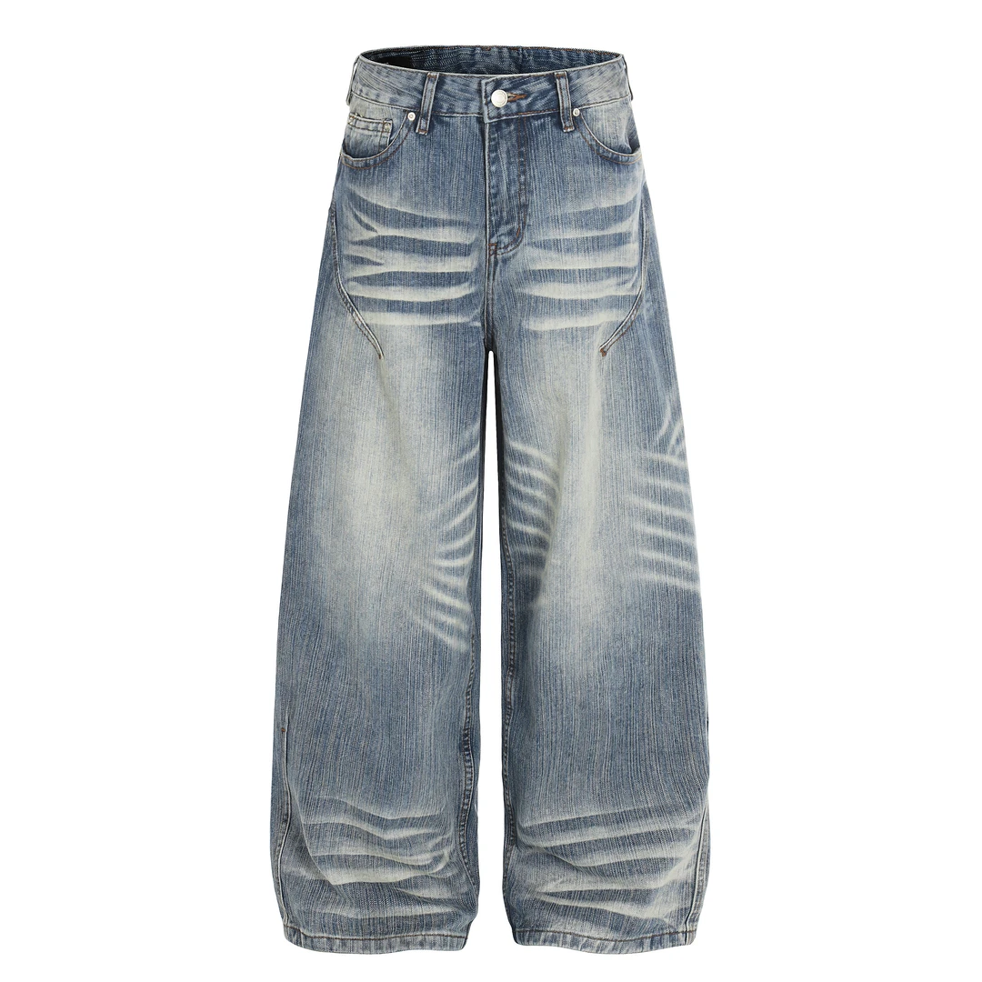 美式猫须纹立体蓝牛水洗牛仔直筒宽松阔腿休闲男女做旧长裤搭男女