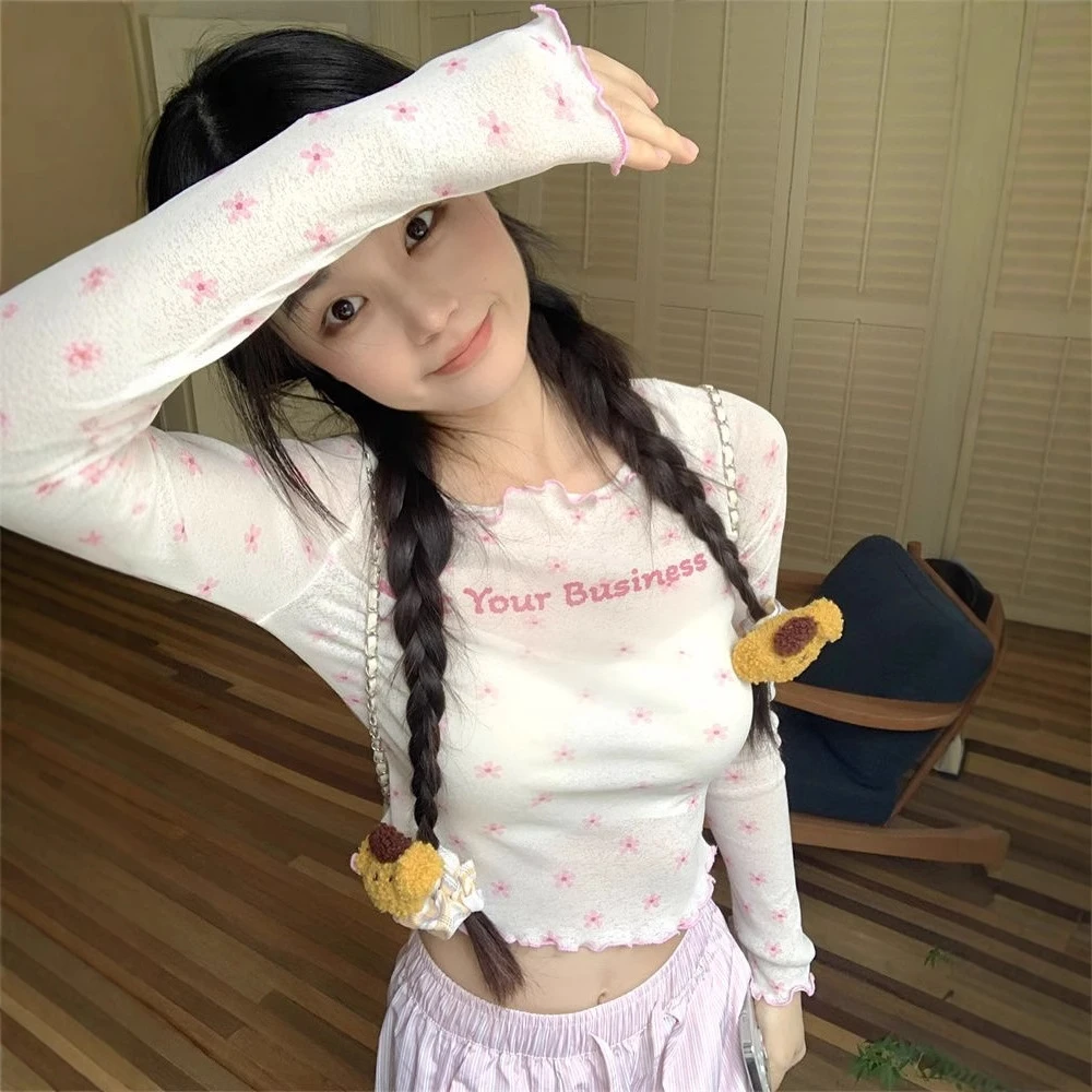 甜辣妹印花长袖T恤女夏季薄款防晒罩衫设计感小众短款木耳边上衣