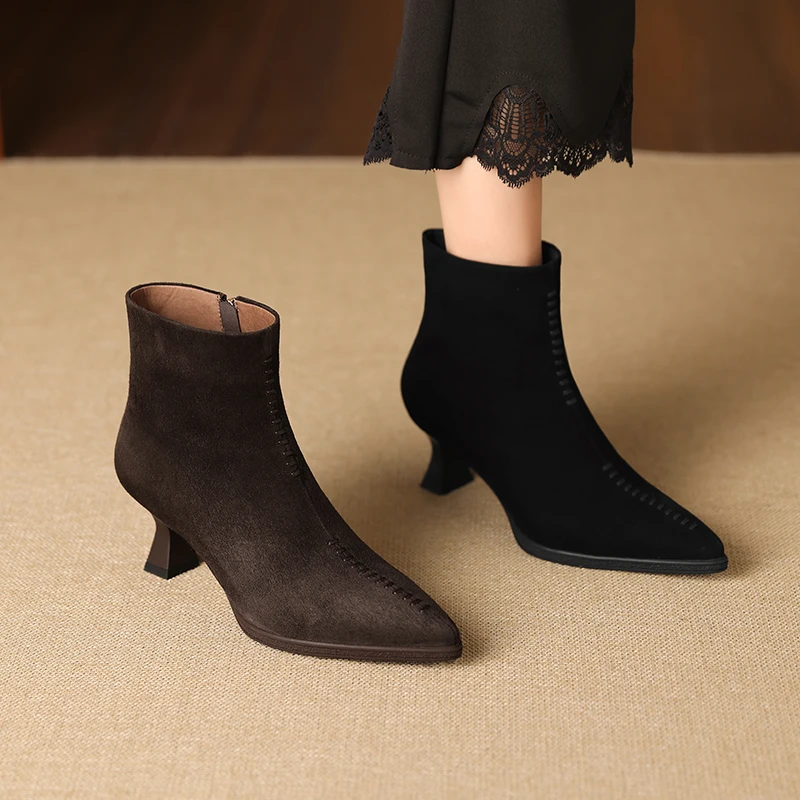 5cm尖头羊皮冬季加绒女神范高跟短靴气质百搭真皮靴瘦瘦靴1814