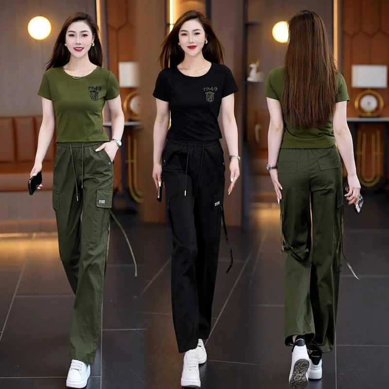 迷彩服套装女2025新款工装时尚圆领短袖T恤长裤两件套水兵舞服装