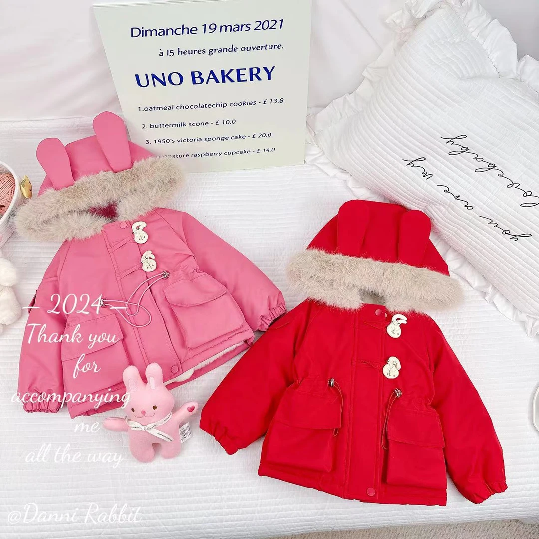 【现货】*立体小兔子玩偶＋兔耳朵造型*内里仿兔毛棉服 D-A12