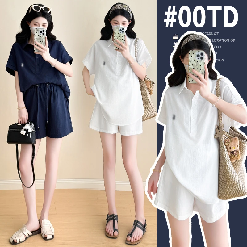 孕妇套装夏装新款爆款大码休闲外穿极简风显瘦短袖短裤两件套夏款